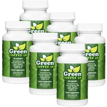 Seis envases de Green Coffee 5K, pack óptimo con oferta de 3+3 para control de peso.