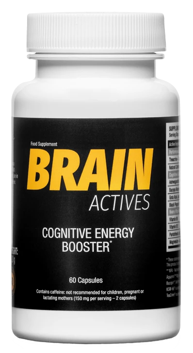 Botella individual del suplemento Brain Actives para el bienestar cerebral