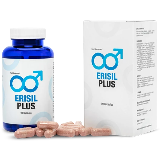 Envase de Erisil Plus, suplemento para erecciones y potencia masculina