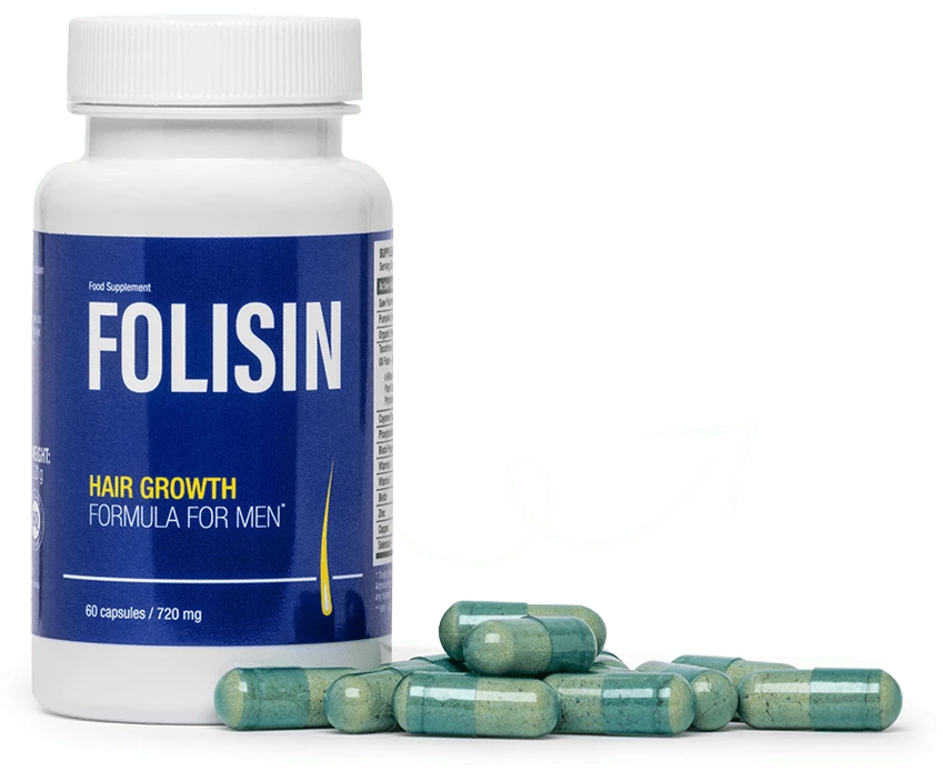 Cápsulas de Folisin, el suplemento dietético premium para la salud capilar masculina.