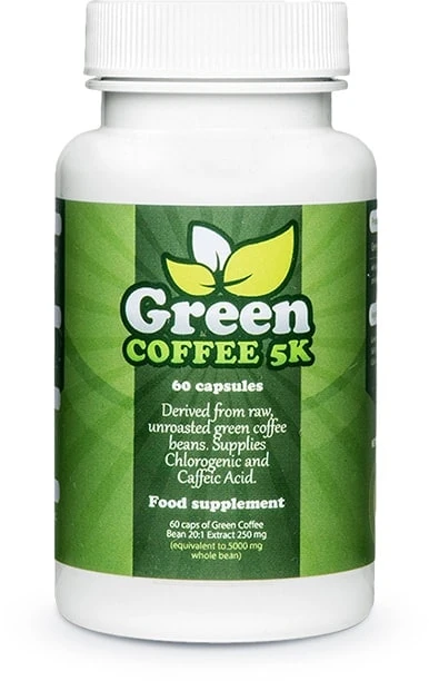 Envase de Green Coffee 5K, suplemento para adelgazar con granos de café verde.