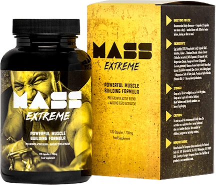 Envase del suplemento Mass Extreme para crecimiento muscular.