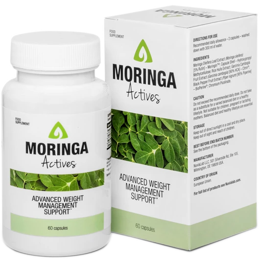 Envase de Moringa Actives, suplemento natural para el control de peso