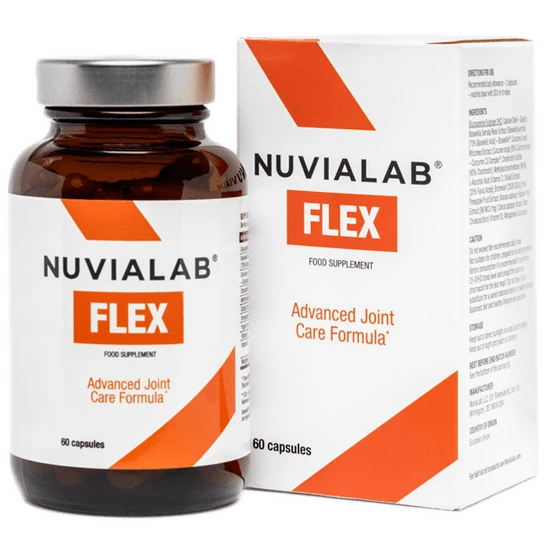 Frasco de NuviaLab Flex, suplemento avanzado para la salud articular y ósea