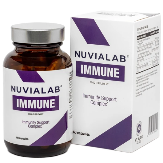 NuviaLab Immune: Envase con burbuja protectora, símbolo de refuerzo inmunitario.