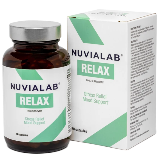 Envase de NuviaLab Relax, suplemento para estrés y sueño
