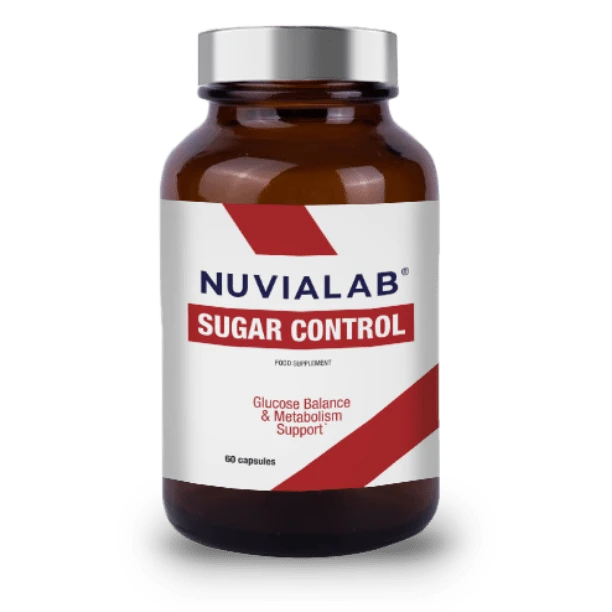 Envase de NuviaLab Sugar Control para el control de azúcar en sangre.