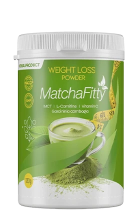 Envase de MatchaFitty, **polvo para perder peso** keto