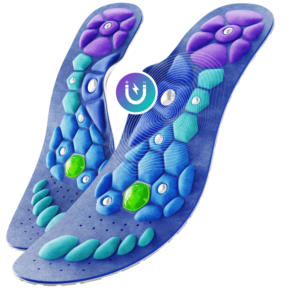 Un par de plantillas Akusoli de acupresión magnética, diseñadas para brindar comodidad y alivio del dolor de pies.