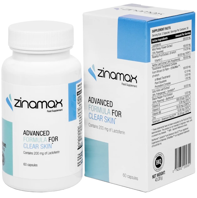 Envase de Zinamax, suplemento natural para acné y piel clara